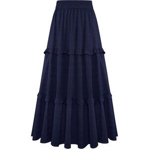 Women's Navy Blue Casual Elegant A Line Flowy Ruffle Tiered Pockets Maxi Skirt